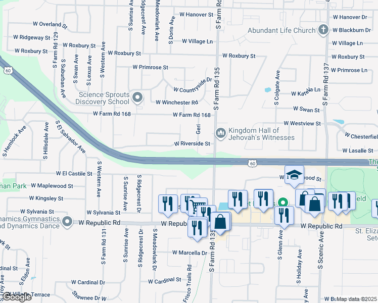 map of restaurants, bars, coffee shops, grocery stores, and more near James River Fwy in Springfield