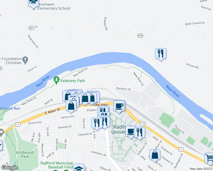 map of restaurants, bars, coffee shops, grocery stores, and more near 916 Stockton Street in Radford