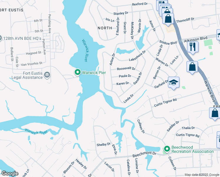 map of restaurants, bars, coffee shops, grocery stores, and more near 1 Arline Drive in Newport News