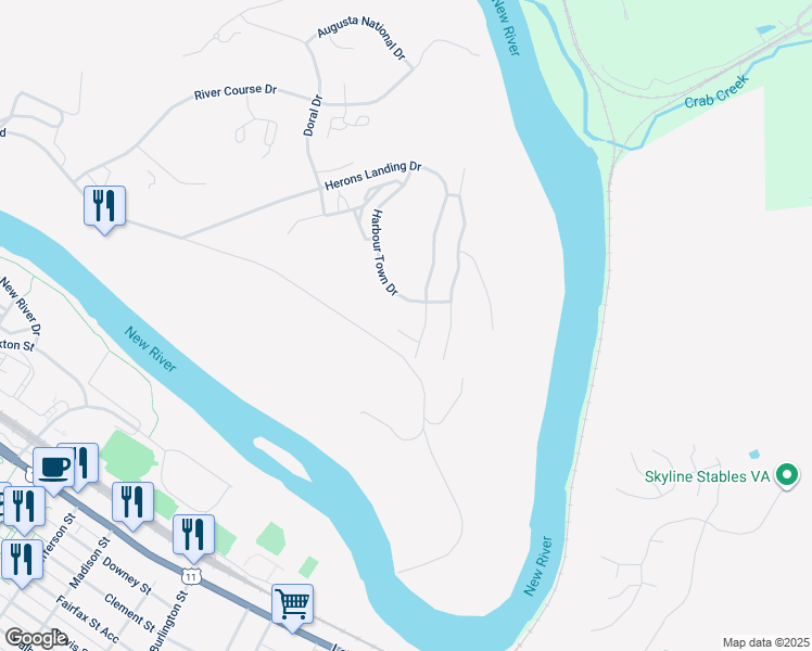 map of restaurants, bars, coffee shops, grocery stores, and more near 8615 Mystic Rock Court in Radford