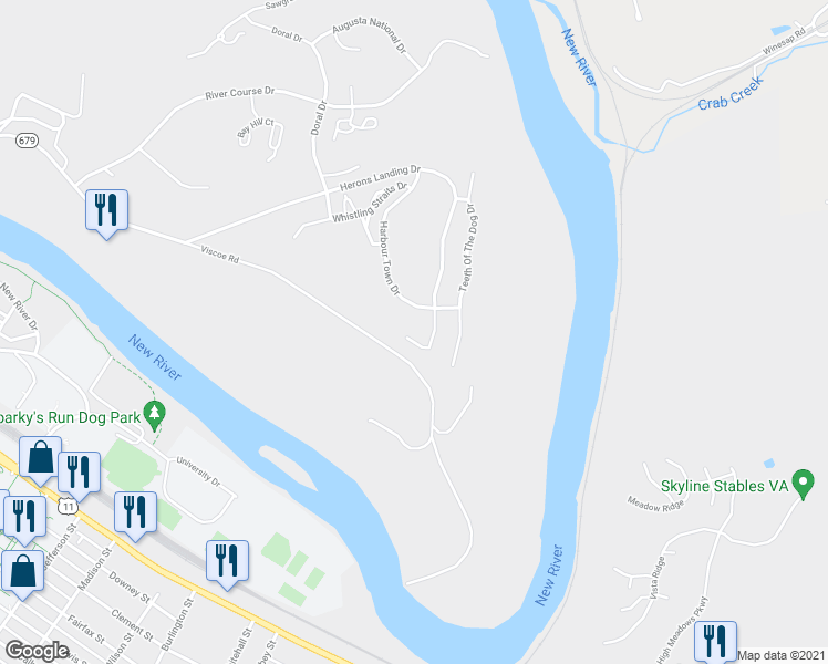 map of restaurants, bars, coffee shops, grocery stores, and more near 8615 Mystic Rock Court in Radford