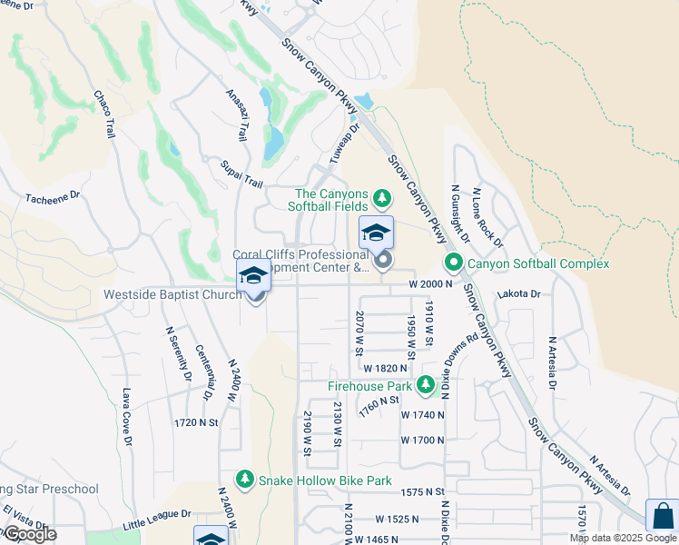 map of restaurants, bars, coffee shops, grocery stores, and more near 2090 Tuweap Drive in St. George