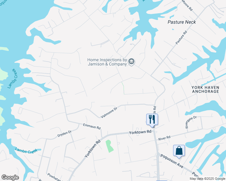 map of restaurants, bars, coffee shops, grocery stores, and more near 37 Wornom Farm Road in Poquoson