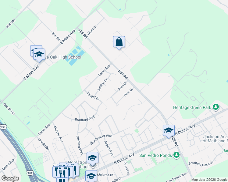 map of restaurants, bars, coffee shops, grocery stores, and more near 17381 Jean Court in Morgan Hill