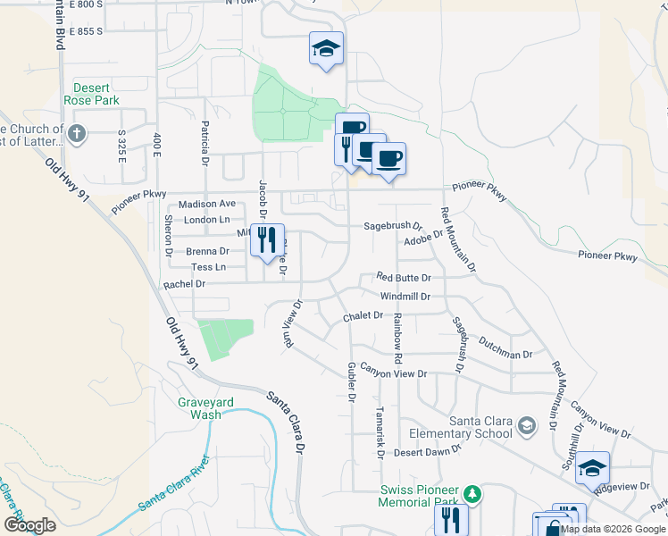 map of restaurants, bars, coffee shops, grocery stores, and more near 3612 Windmill Drive in Santa Clara