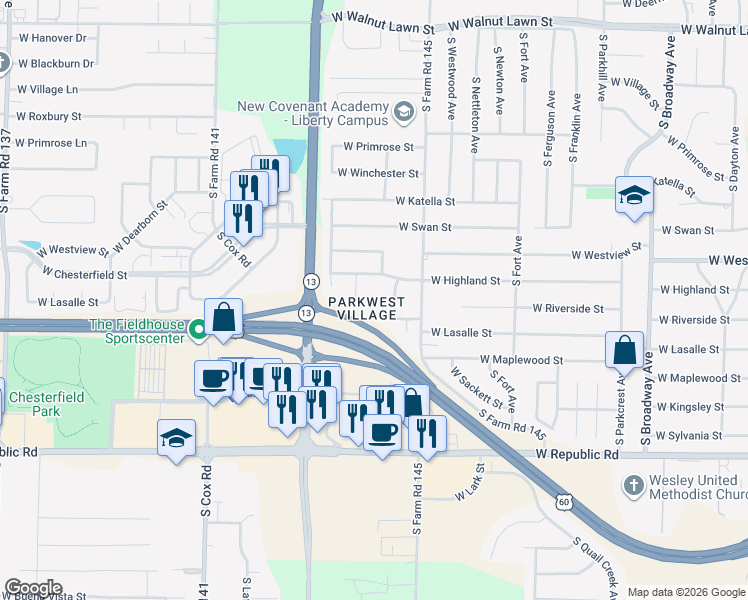 map of restaurants, bars, coffee shops, grocery stores, and more near 1652 West Riverside Street in Springfield