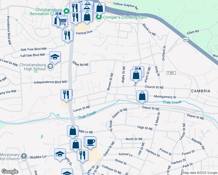 map of restaurants, bars, coffee shops, grocery stores, and more near 1276 Brown St NE in Christiansburg