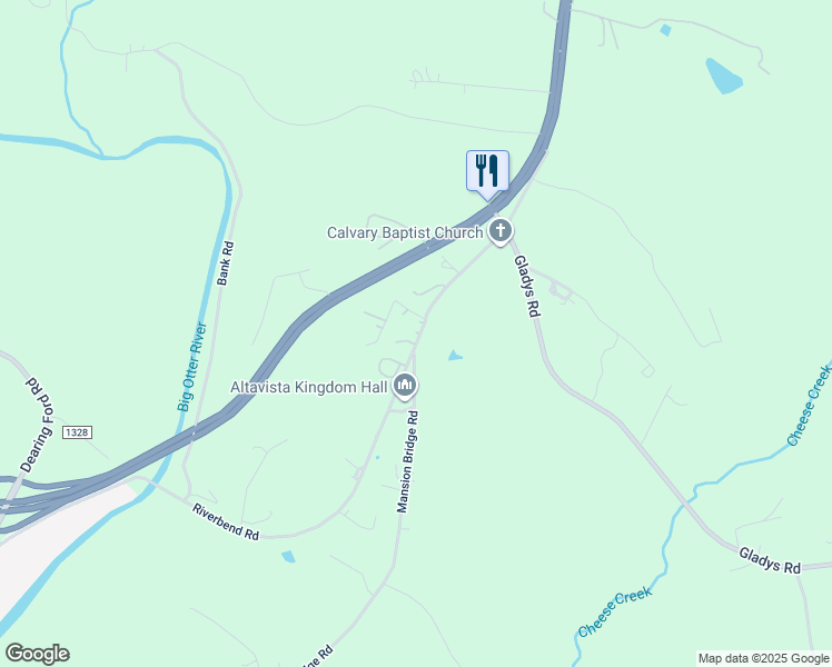 map of restaurants, bars, coffee shops, grocery stores, and more near 485 Riverbend Road in Altavista
