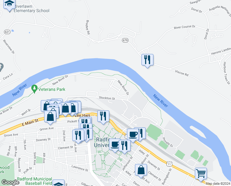 map of restaurants, bars, coffee shops, grocery stores, and more near 809 Stockton Street in Radford