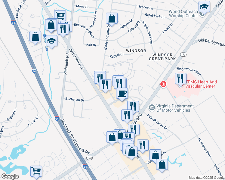 map of restaurants, bars, coffee shops, grocery stores, and more near 12834 Jefferson Avenue in Newport News