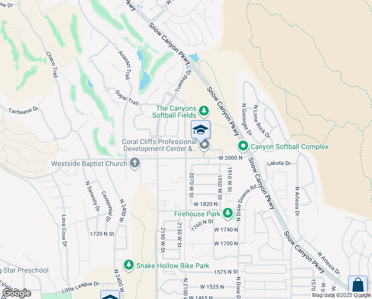 map of restaurants, bars, coffee shops, grocery stores, and more near 2024 North 2100 West in St. George