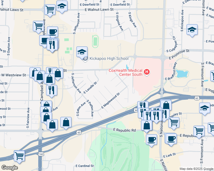 map of restaurants, bars, coffee shops, grocery stores, and more near 3917 South Belvedere Court in Springfield