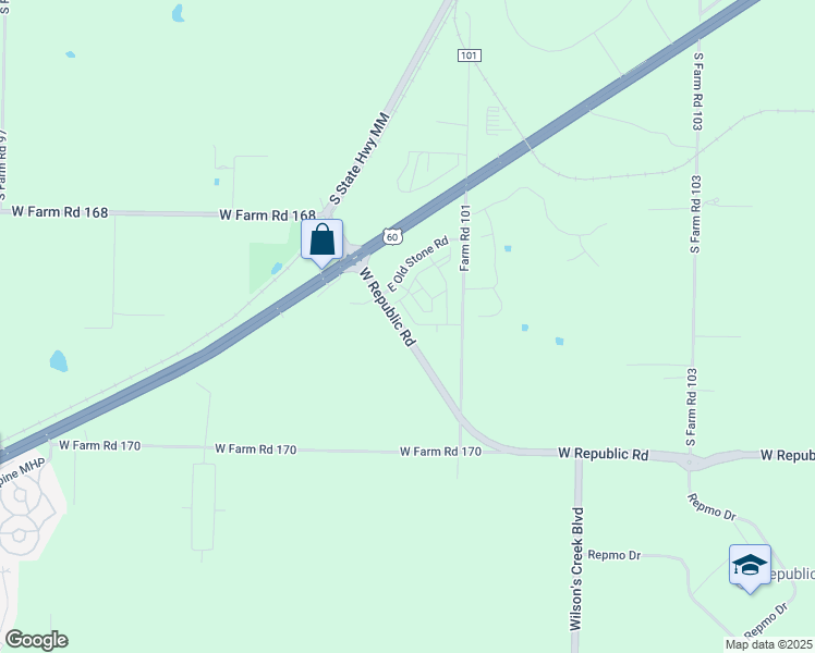 map of restaurants, bars, coffee shops, grocery stores, and more near 3246 East Old Stone Road in Republic