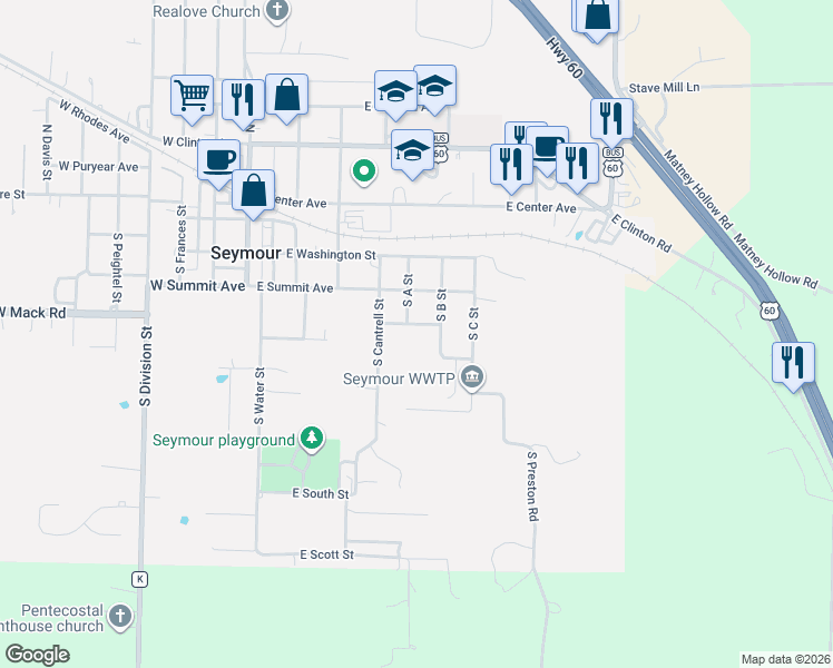 map of restaurants, bars, coffee shops, grocery stores, and more near 600-624 East Cleveland Street in Seymour