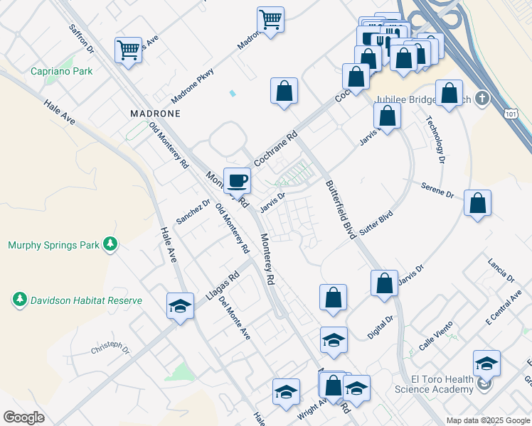 map of restaurants, bars, coffee shops, grocery stores, and more near 110 Jarvis Drive in Morgan Hill