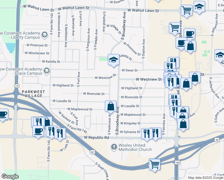 map of restaurants, bars, coffee shops, grocery stores, and more near 3927 South Parkcrest Avenue in Springfield