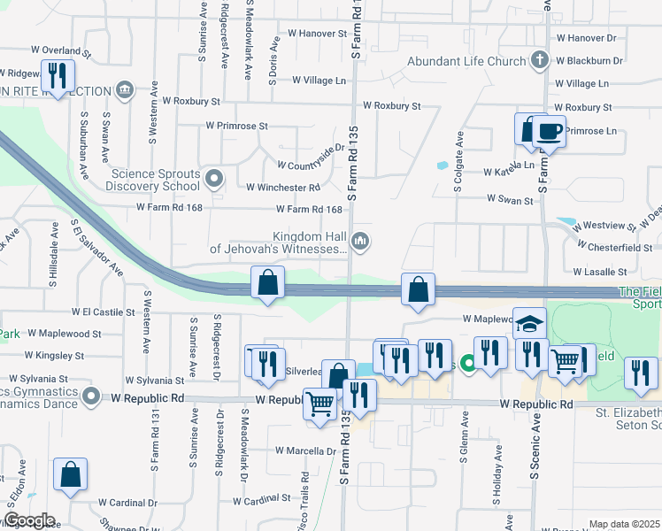 map of restaurants, bars, coffee shops, grocery stores, and more near 3999 South Farm Road 135 in Springfield