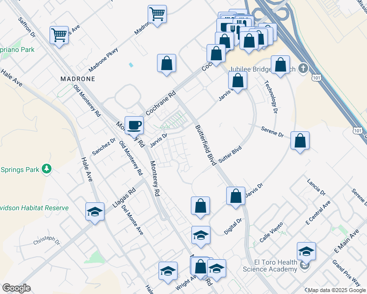 map of restaurants, bars, coffee shops, grocery stores, and more near 18312 Palomares Lane in Morgan Hill