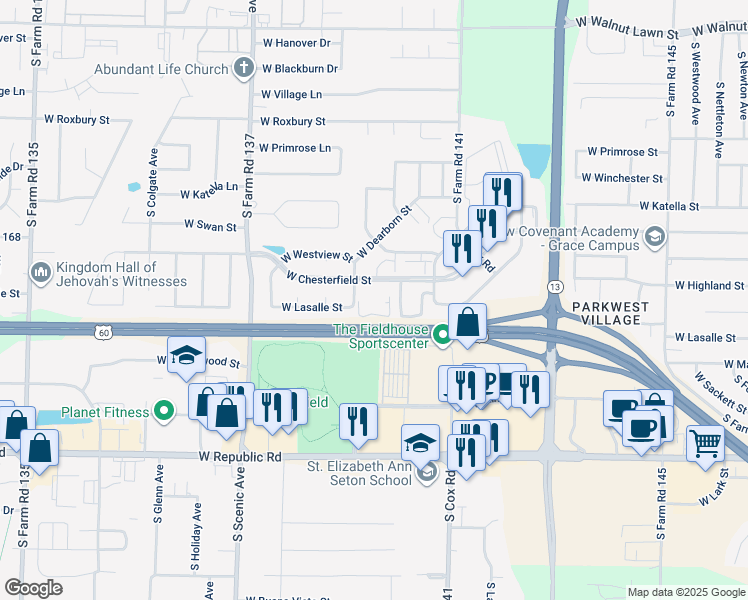 map of restaurants, bars, coffee shops, grocery stores, and more near 2410 West Chesterfield Street in Springfield
