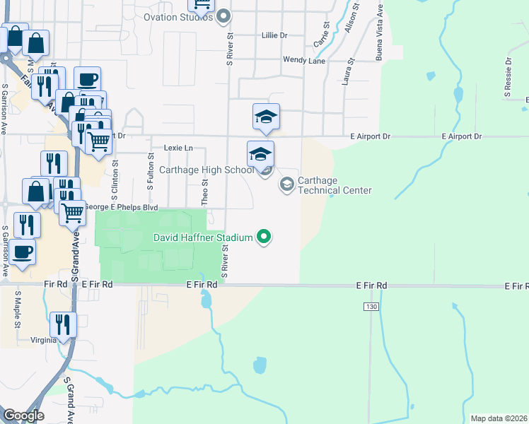 map of restaurants, bars, coffee shops, grocery stores, and more near 2600 South River Street in Carthage