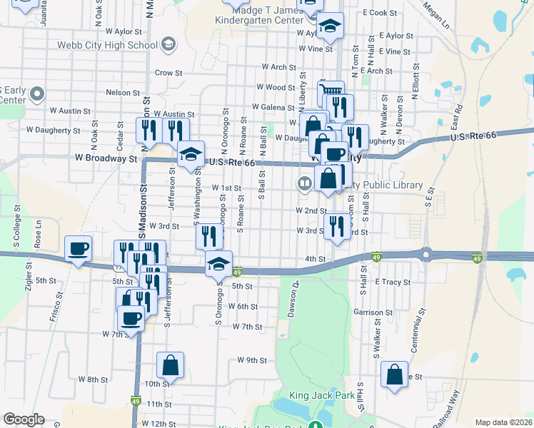 map of restaurants, bars, coffee shops, grocery stores, and more near 421 W 3rd St in Webb City