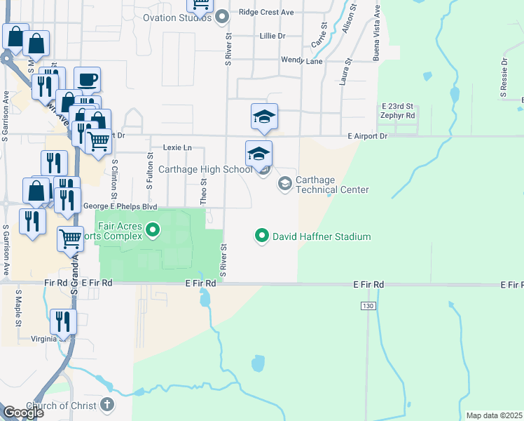 map of restaurants, bars, coffee shops, grocery stores, and more near 2600 South River Street in Carthage
