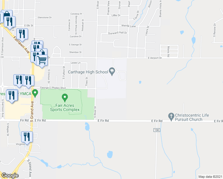 map of restaurants, bars, coffee shops, grocery stores, and more near 2600 South River Street in Carthage
