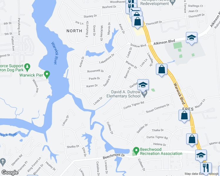 map of restaurants, bars, coffee shops, grocery stores, and more near 50 Linda Drive in Newport News