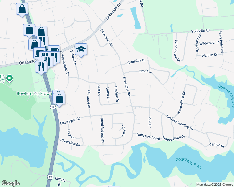map of restaurants, bars, coffee shops, grocery stores, and more near 209 Daphne Drive in Yorktown