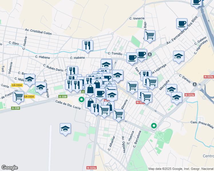 map of restaurants, bars, coffee shops, grocery stores, and more near 11 Calle Alcazaba in Armilla