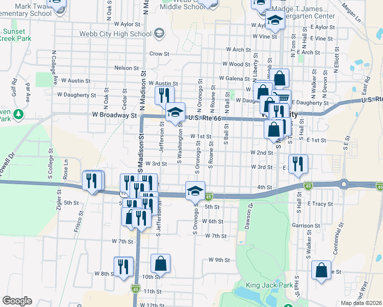 map of restaurants, bars, coffee shops, grocery stores, and more near 123 South Oronogo Street in Webb City