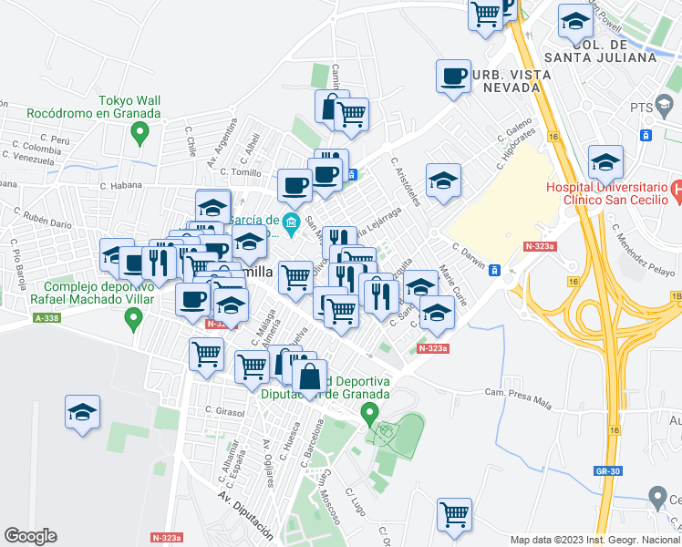 map of restaurants, bars, coffee shops, grocery stores, and more near 10 Calle Vistabella in Armilla