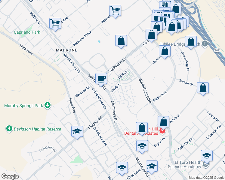 map of restaurants, bars, coffee shops, grocery stores, and more near 18510 Monterey Road in Morgan Hill