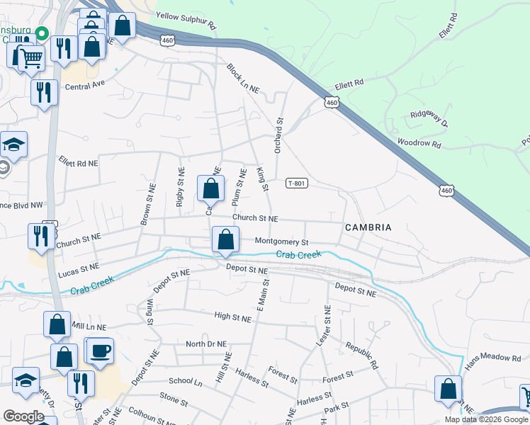 map of restaurants, bars, coffee shops, grocery stores, and more near 1140 King Street in Christiansburg