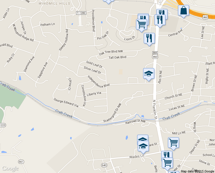 map of restaurants, bars, coffee shops, grocery stores, and more near 1170 George Edward Via in Christiansburg