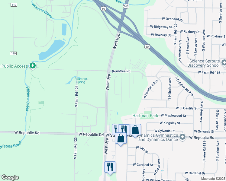 map of restaurants, bars, coffee shops, grocery stores, and more near 3911 South Timbercreek Avenue in Springfield