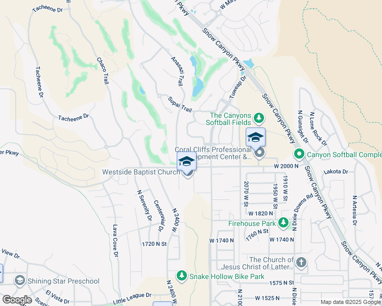 map of restaurants, bars, coffee shops, grocery stores, and more near 2085 Tuweap Drive in St. George