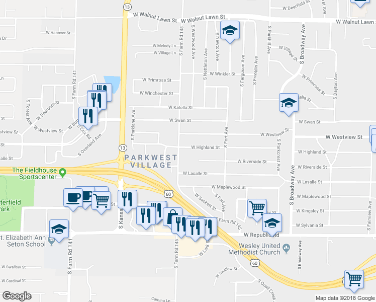 map of restaurants, bars, coffee shops, grocery stores, and more near 1512 West Highland Street in Springfield