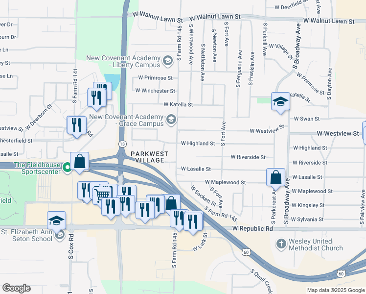 map of restaurants, bars, coffee shops, grocery stores, and more near 1505 West Highland Street in Springfield