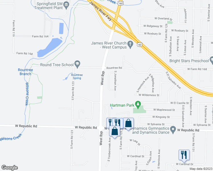 map of restaurants, bars, coffee shops, grocery stores, and more near 3909 South Timbercreek Avenue in Springfield