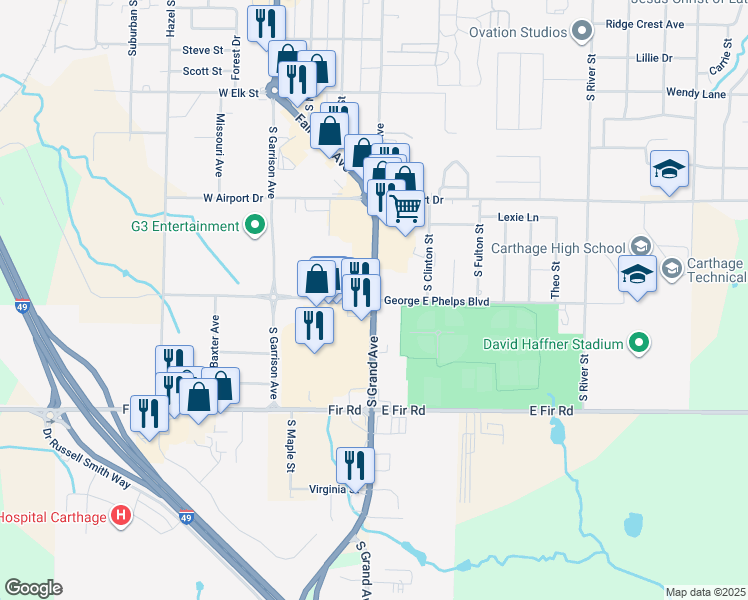 map of restaurants, bars, coffee shops, grocery stores, and more near 201 George E Phelps Boulevard in Carthage