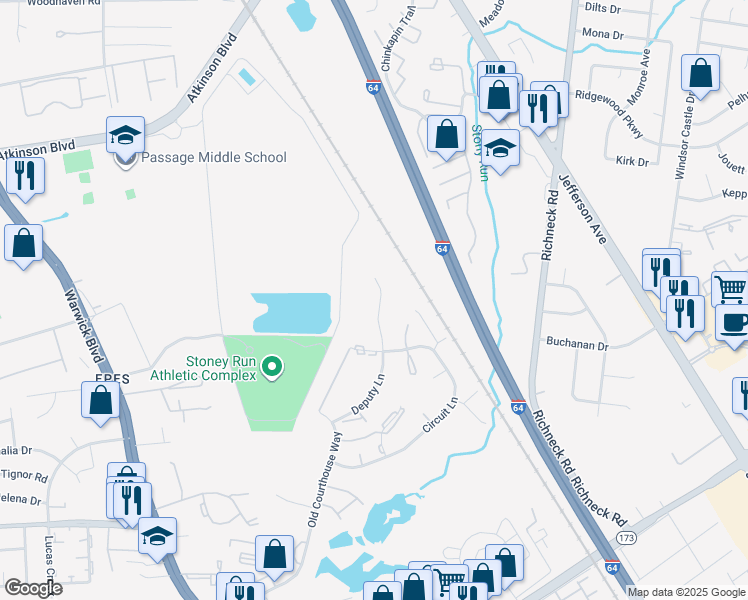 map of restaurants, bars, coffee shops, grocery stores, and more near 364 Deputy Lane in Newport News