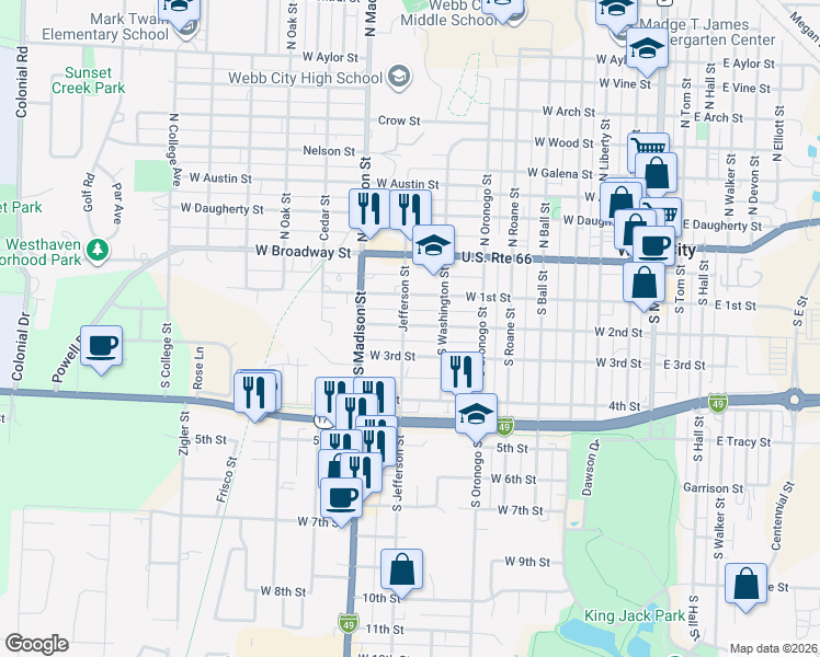 map of restaurants, bars, coffee shops, grocery stores, and more near in Webb City