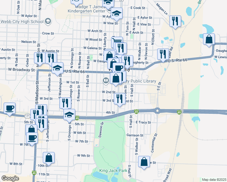 map of restaurants, bars, coffee shops, grocery stores, and more near 110 West 1st Street in Webb City