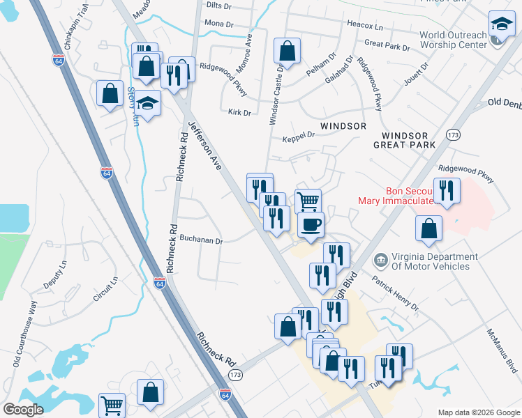 map of restaurants, bars, coffee shops, grocery stores, and more near 12838 Jefferson Avenue in Newport News
