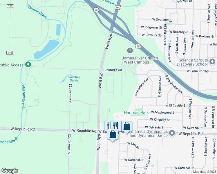 map of restaurants, bars, coffee shops, grocery stores, and more near 3902 South Timbercreek Avenue in Springfield
