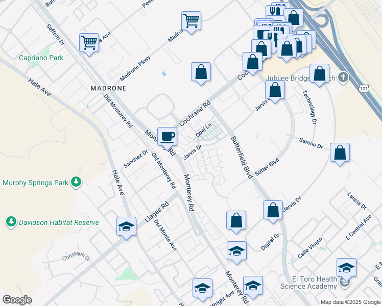 map of restaurants, bars, coffee shops, grocery stores, and more near 130 Jarvis Drive in Morgan Hill