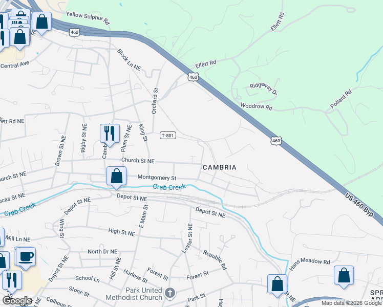 map of restaurants, bars, coffee shops, grocery stores, and more near 940 Church Street Northeast in Christiansburg