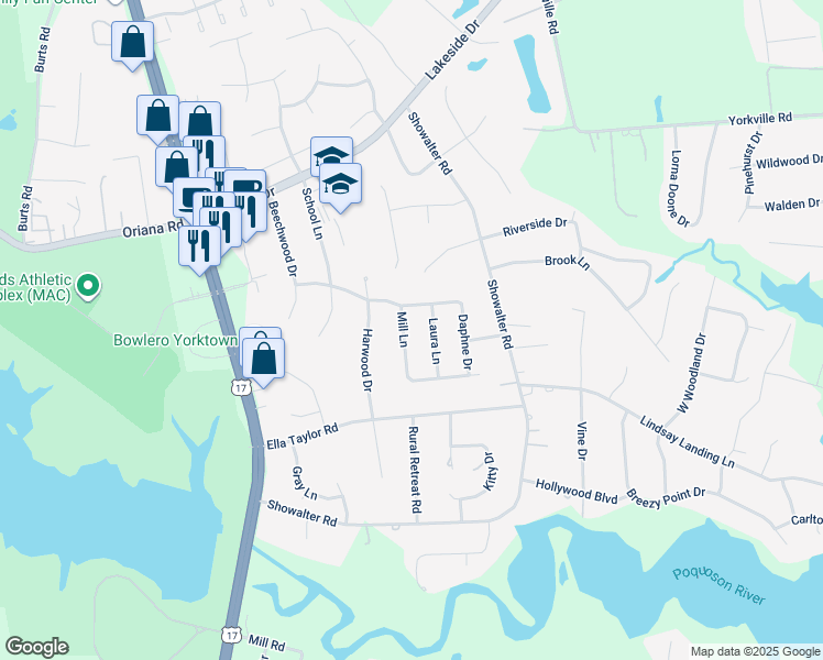 map of restaurants, bars, coffee shops, grocery stores, and more near 117 Mill Lane in Yorktown