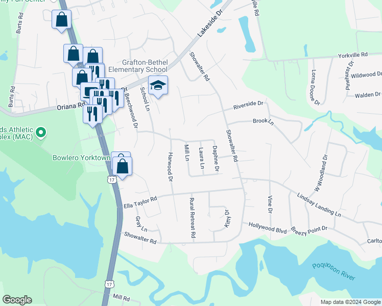 map of restaurants, bars, coffee shops, grocery stores, and more near 117 Mill Lane in Yorktown